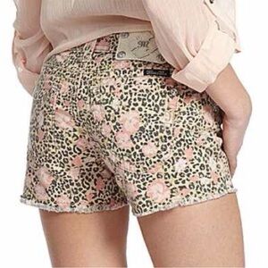 EUC Miss Me Jean Shorts Leopard Print & Pink Floral Raw Hem Rhinestones Sz 26